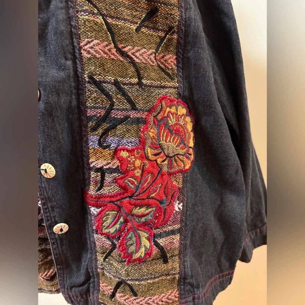 Alex Kin patchwork embroidered jacket gray chambray M - Picture 2 of 7
